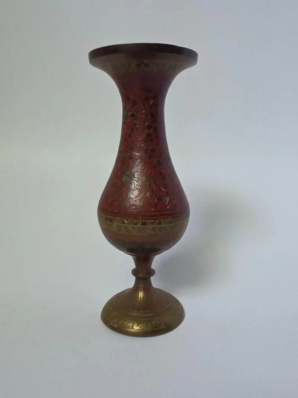 Vintage Enameled Brass Peacock Vase Made in India Hand Etched Red Pedestal Bud